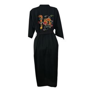 Vtg Longevity Hand Embroidered Dragon Robe Black Kimono Belted Robe Size M